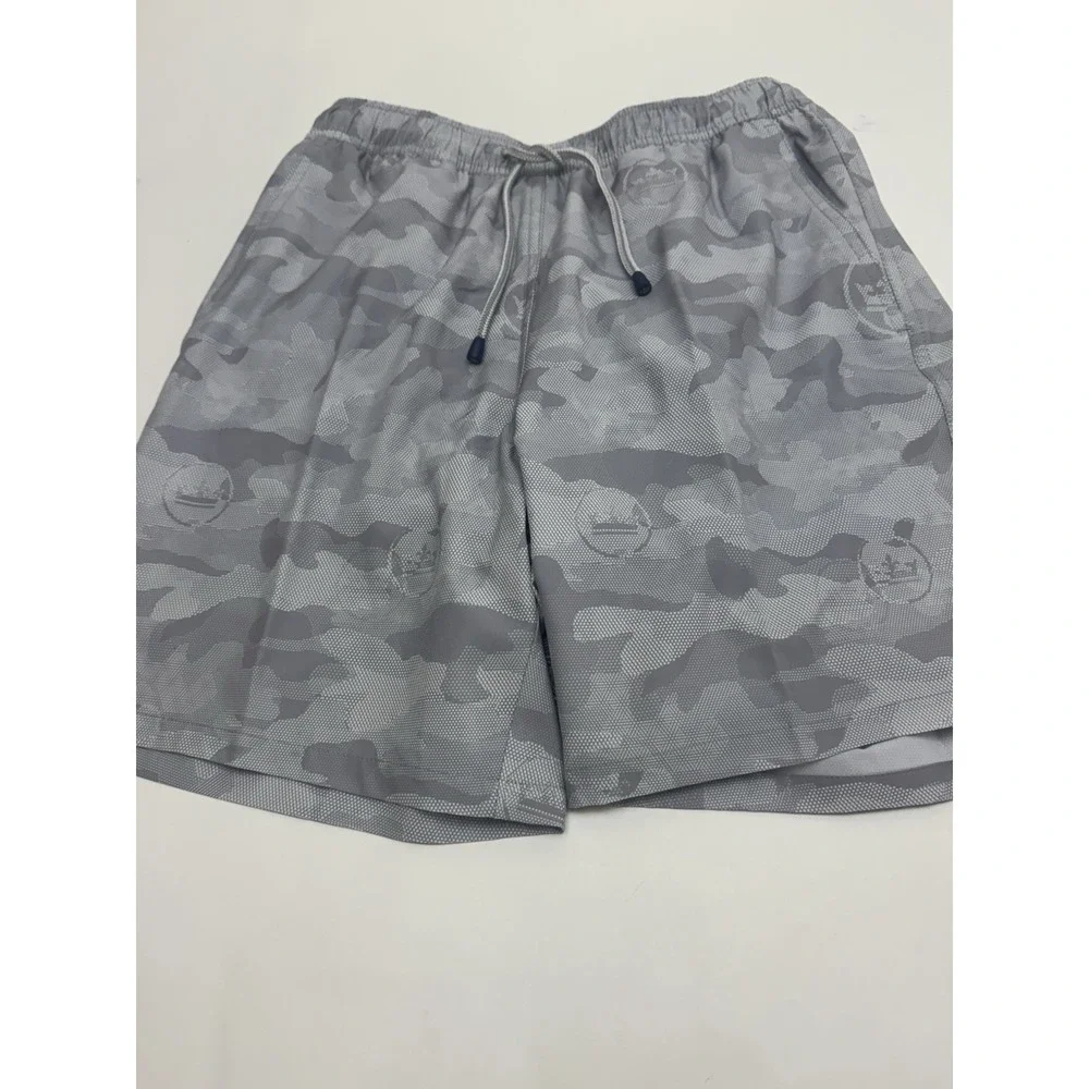 NWT Peter Millar Seaside Gray Camo & Logo Print Swim Trunks W/Koozie SMALL‎ $100
